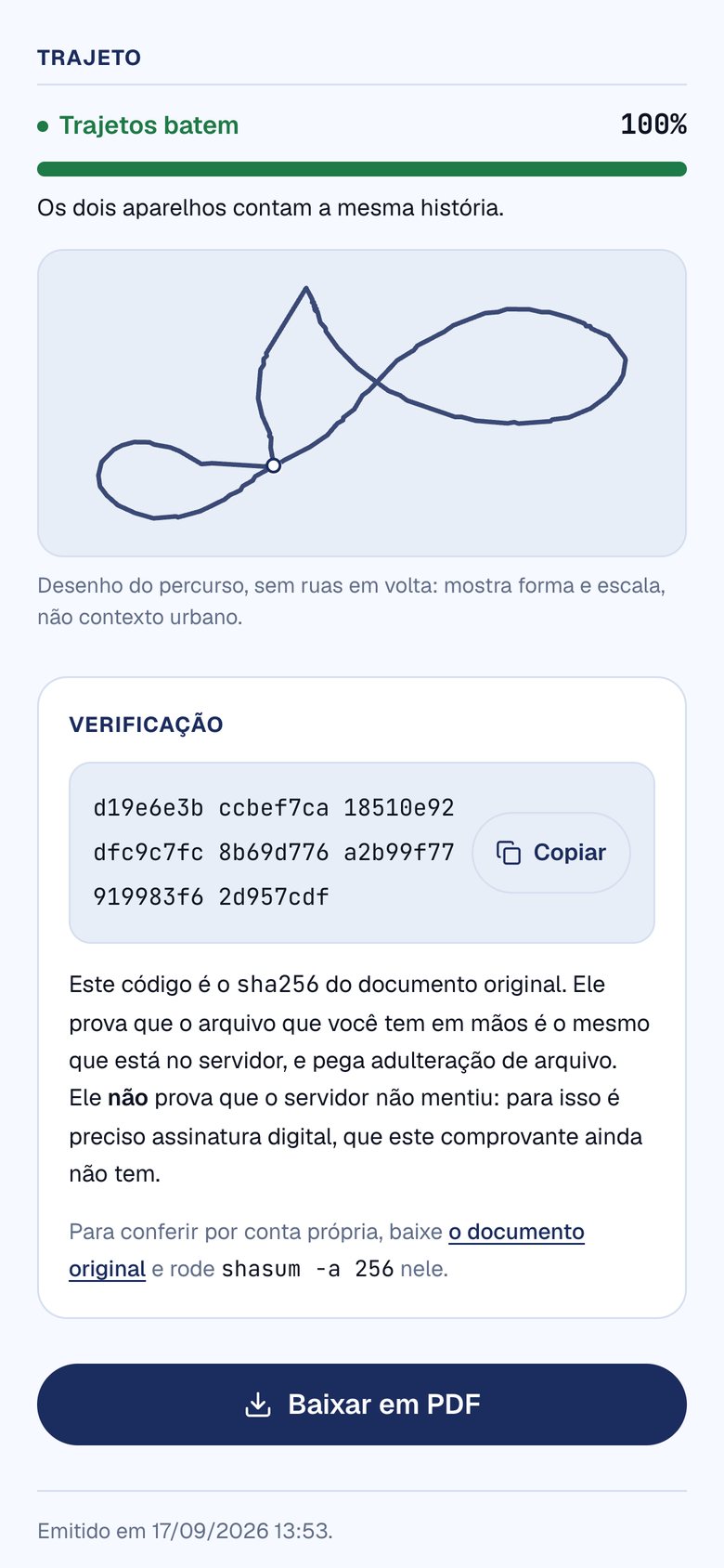 Comprovante da aula com o trajeto conferido e código de verificação