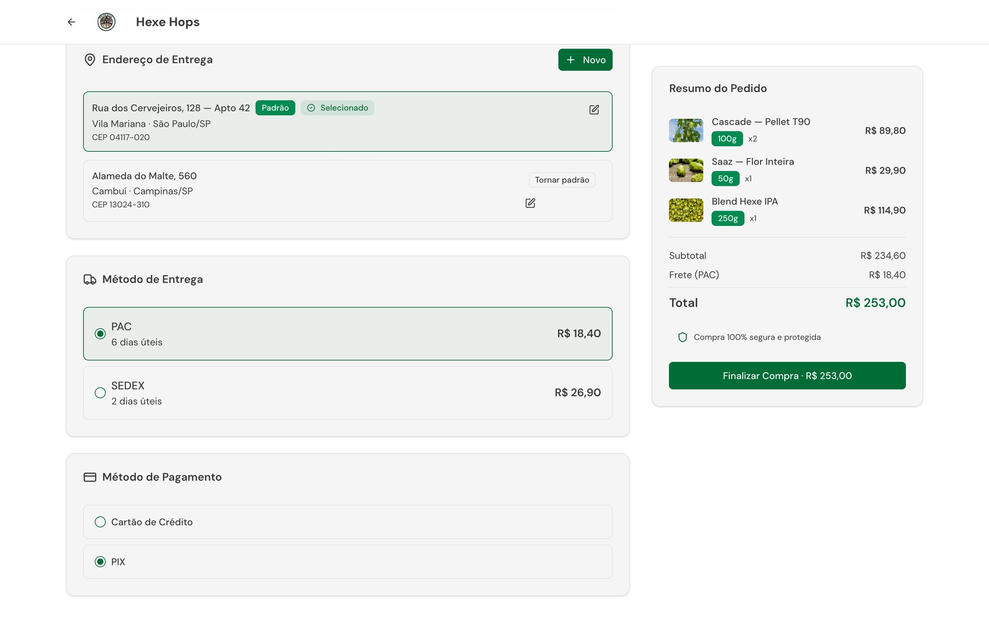 Checkout com endereço, frete PAC ou SEDEX e pagamento por PIX