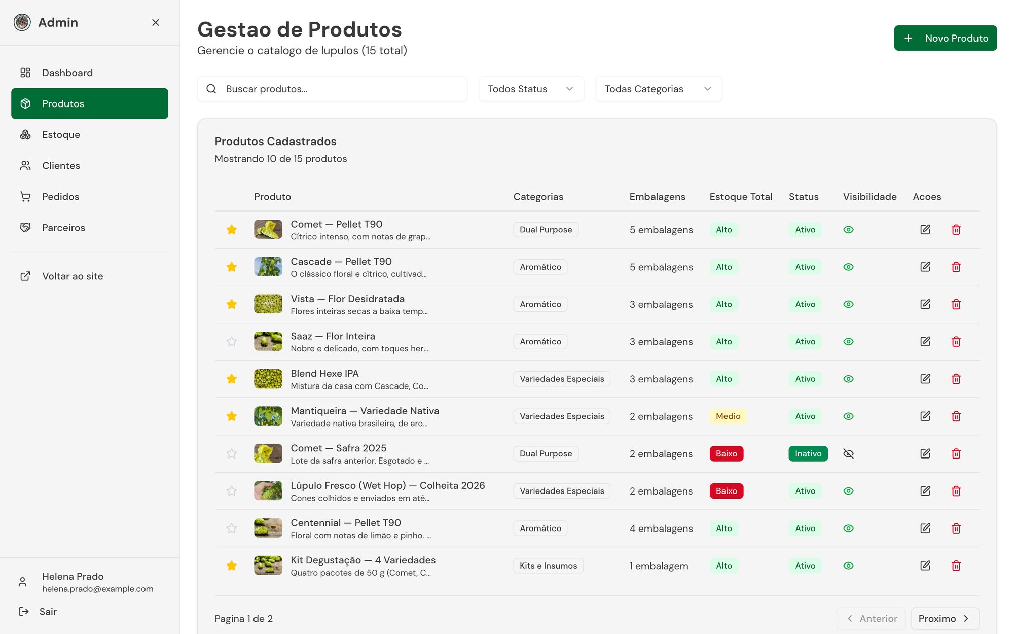 Cadastro de produtos com embalagens, estoque e visibilidade
