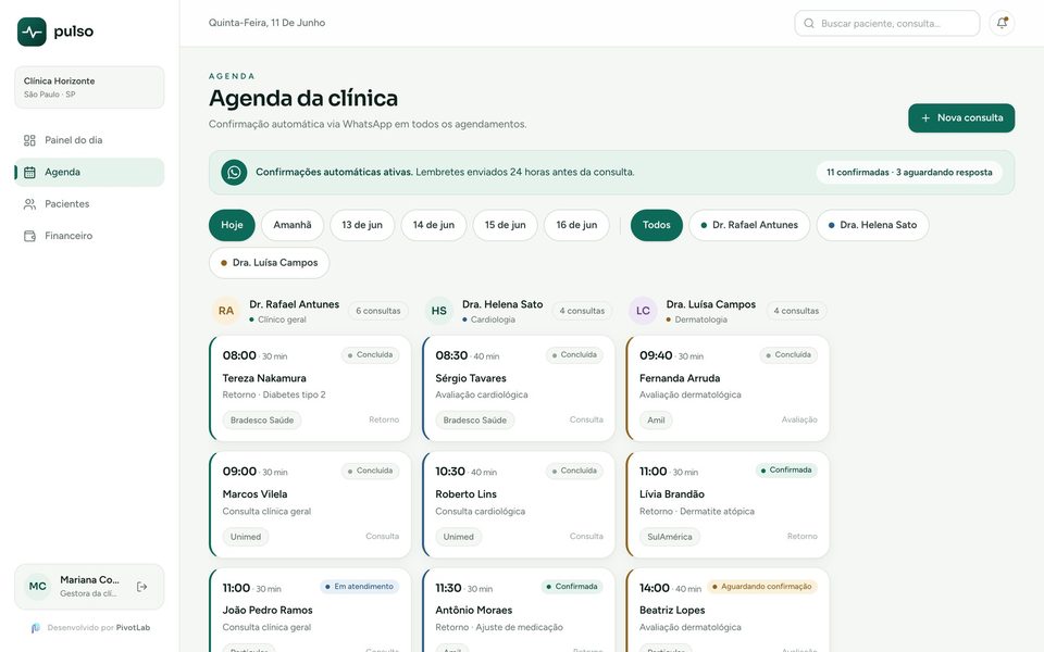 Agenda por médico do Pulso, gestão de clínica