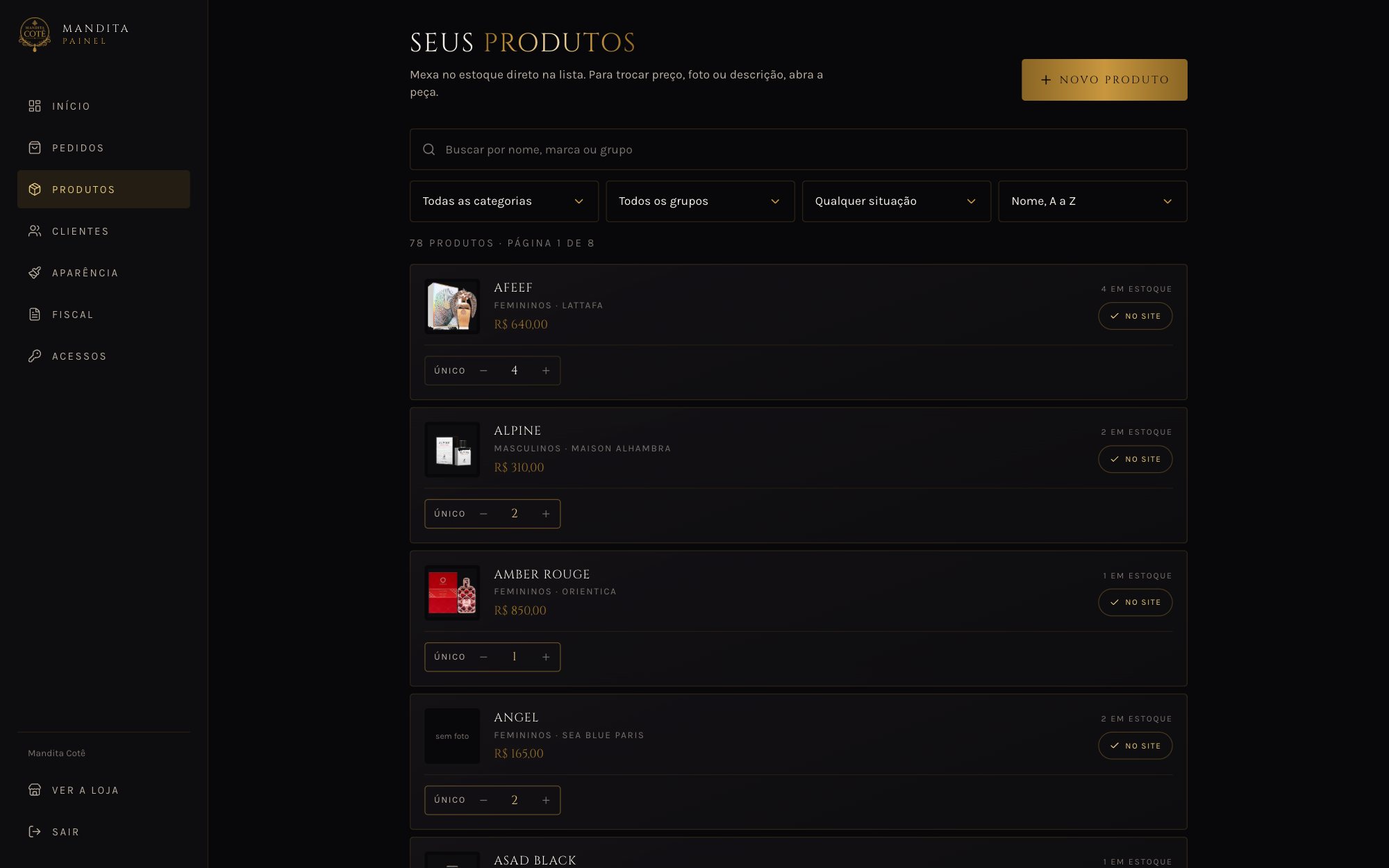 Lista de produtos com busca, filtros e estoque ajustável direto na linha