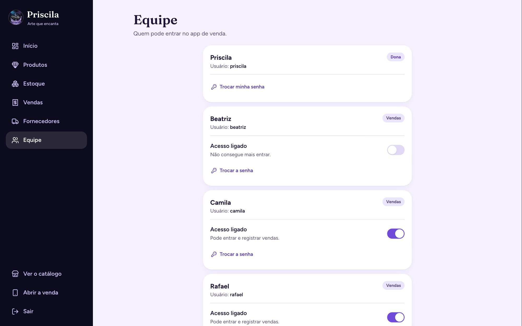 Lista da equipe com o acesso de cada pessoa ao app de venda