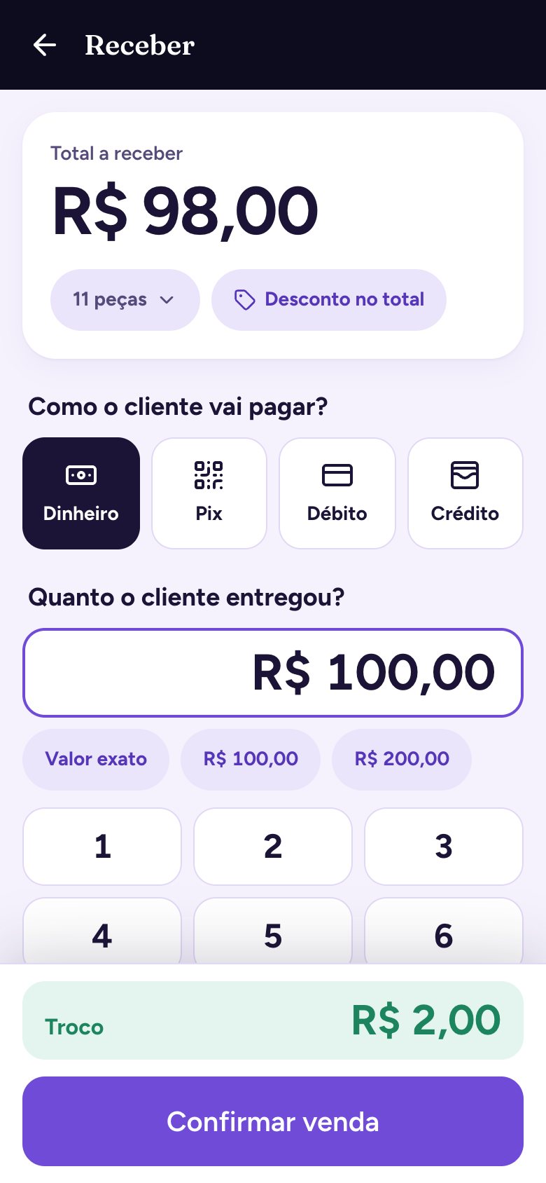 Tela de receber no celular com pagamento em dinheiro e o troco calculado