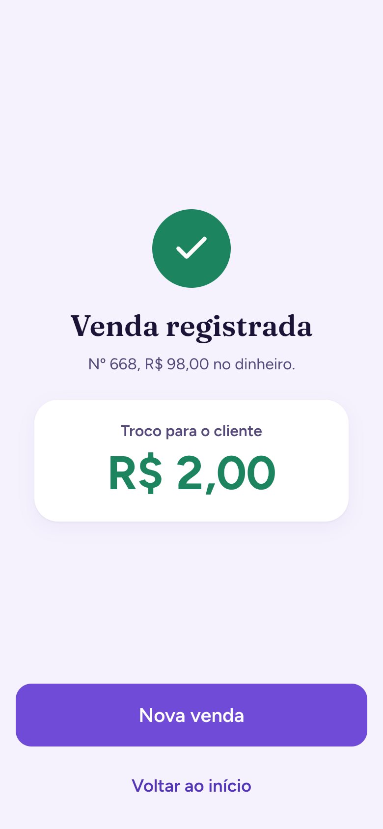 Confirmação da venda registrada com o troco para o cliente