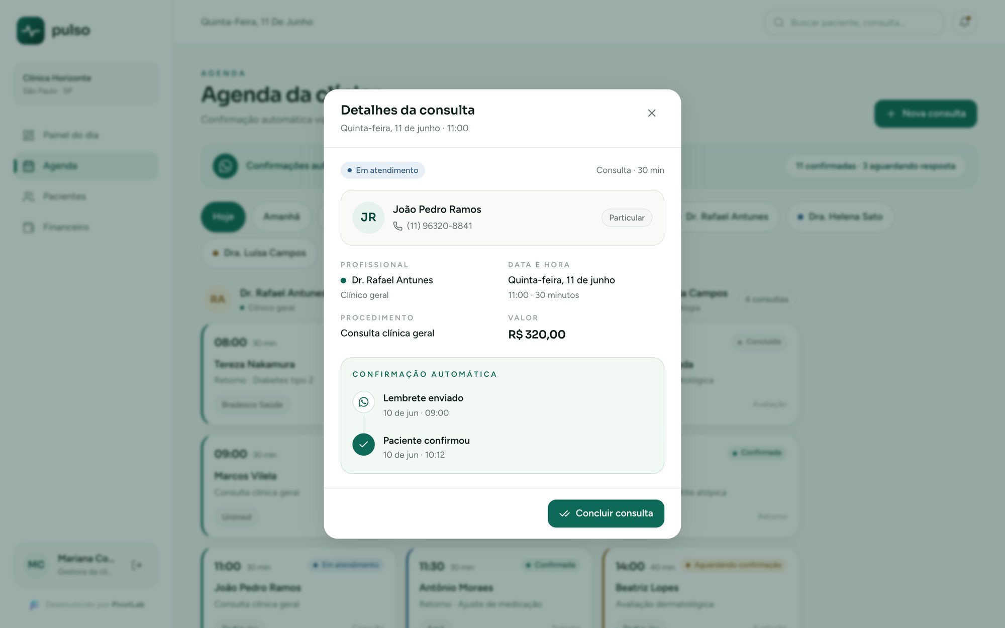 Detalhes da consulta com a confirmação automática pelo WhatsApp