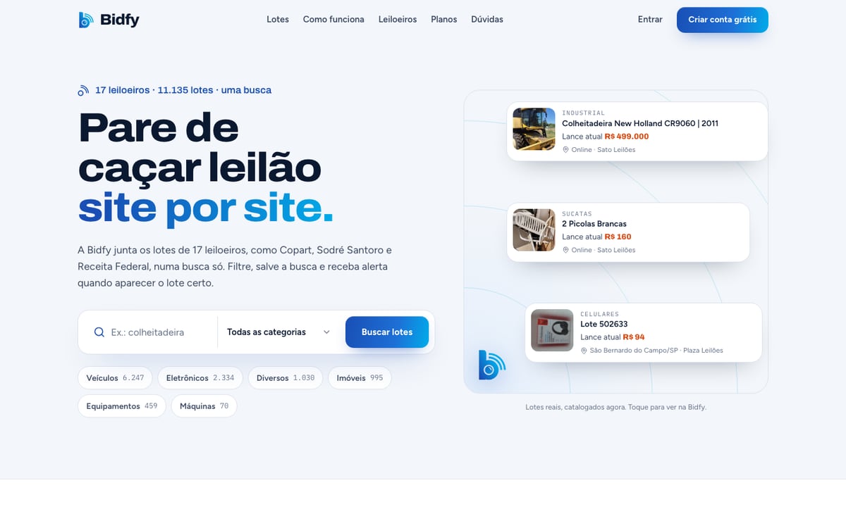 Primeira dobra do site Bidfy