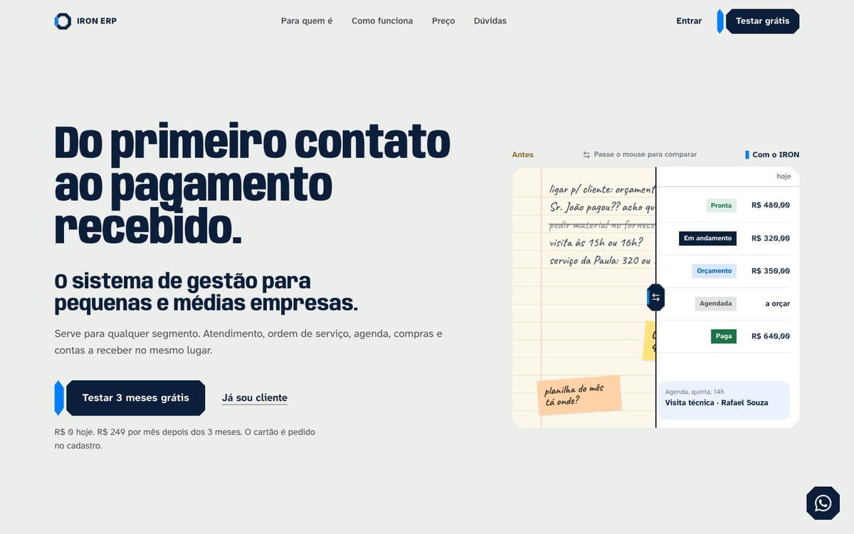 Primeira dobra do site Iron ERP