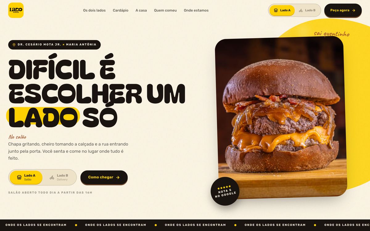 Primeira dobra do site Lado Burger