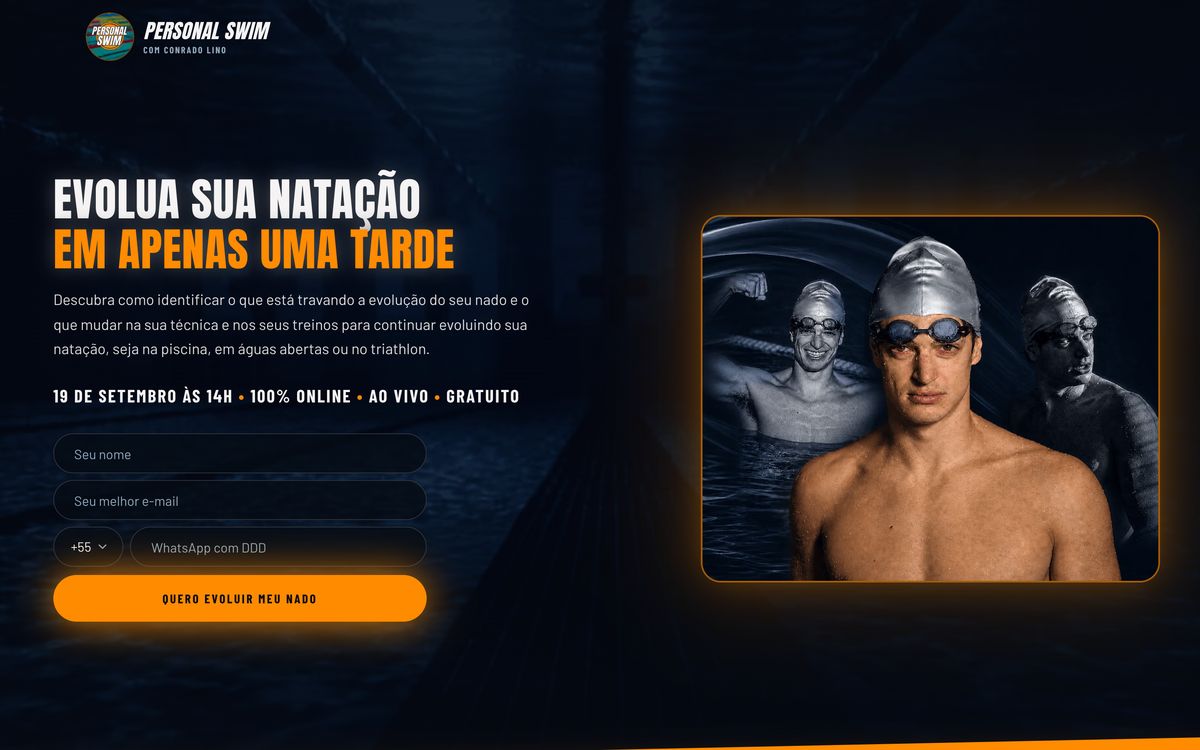 Primeira dobra do site Personal Swim
