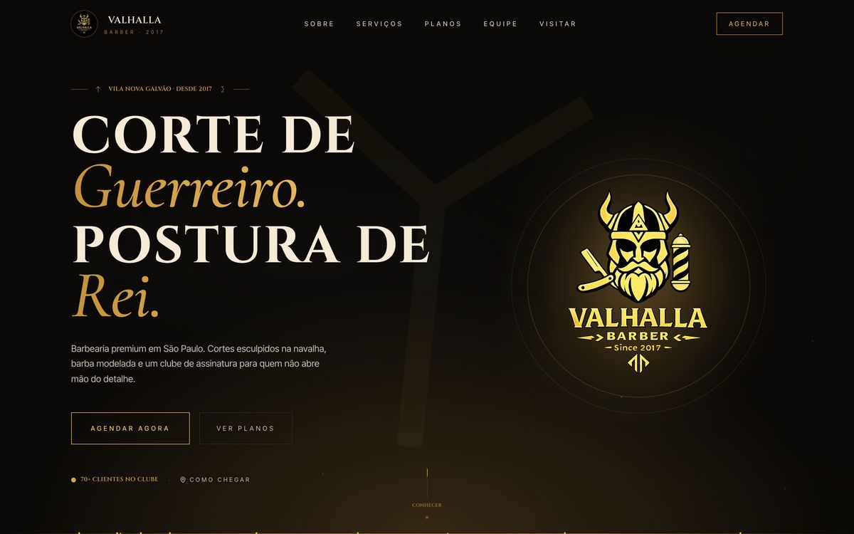 Primeira dobra do site Valhalla Barber