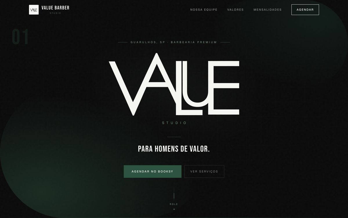 Primeira dobra do site Value Barber