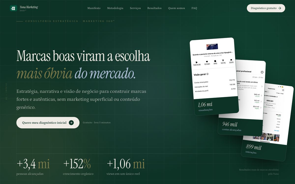 Primeira dobra do site Yuna Marketing