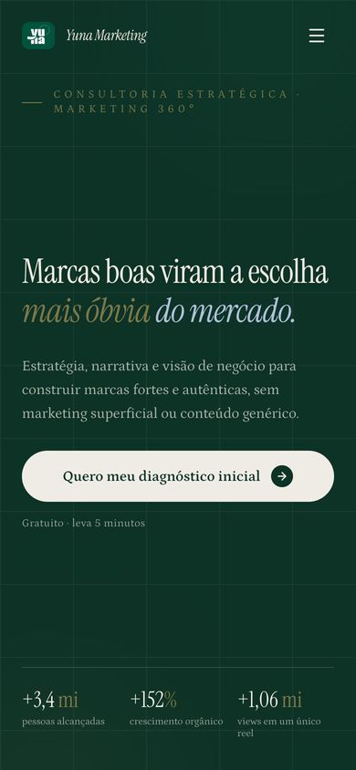 Versão de celular do site Yuna Marketing