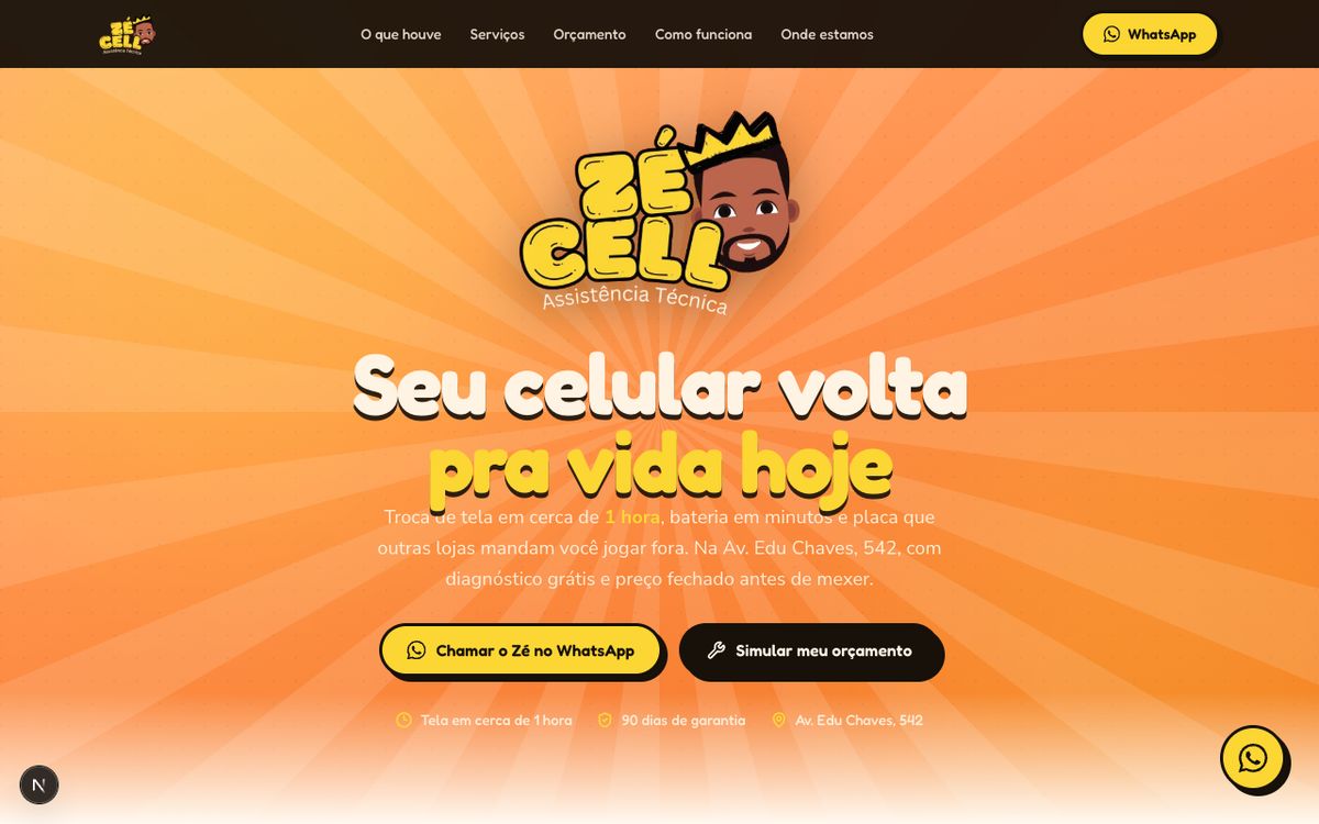 Primeira dobra do site Zé Cell