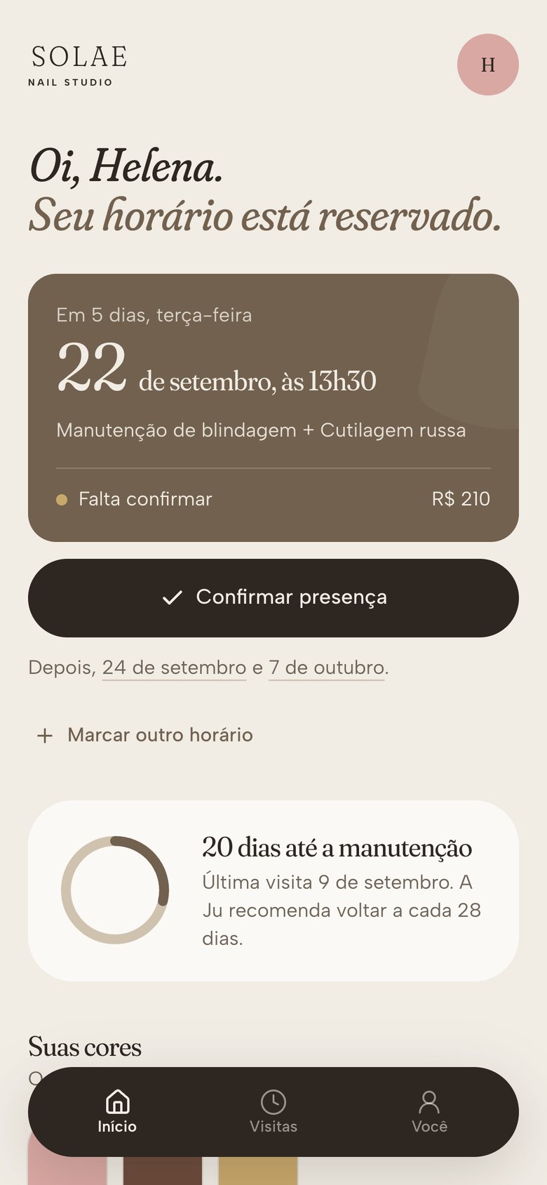 App da cliente no celular com o próximo horário e o botão de confirmar presença