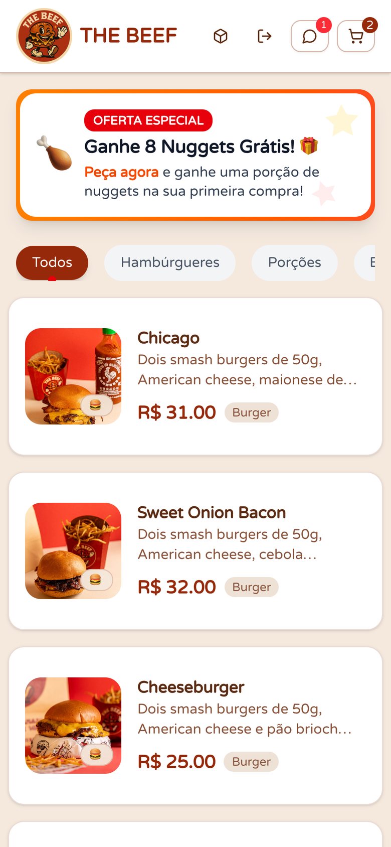 Cardápio do The Beef no celular
