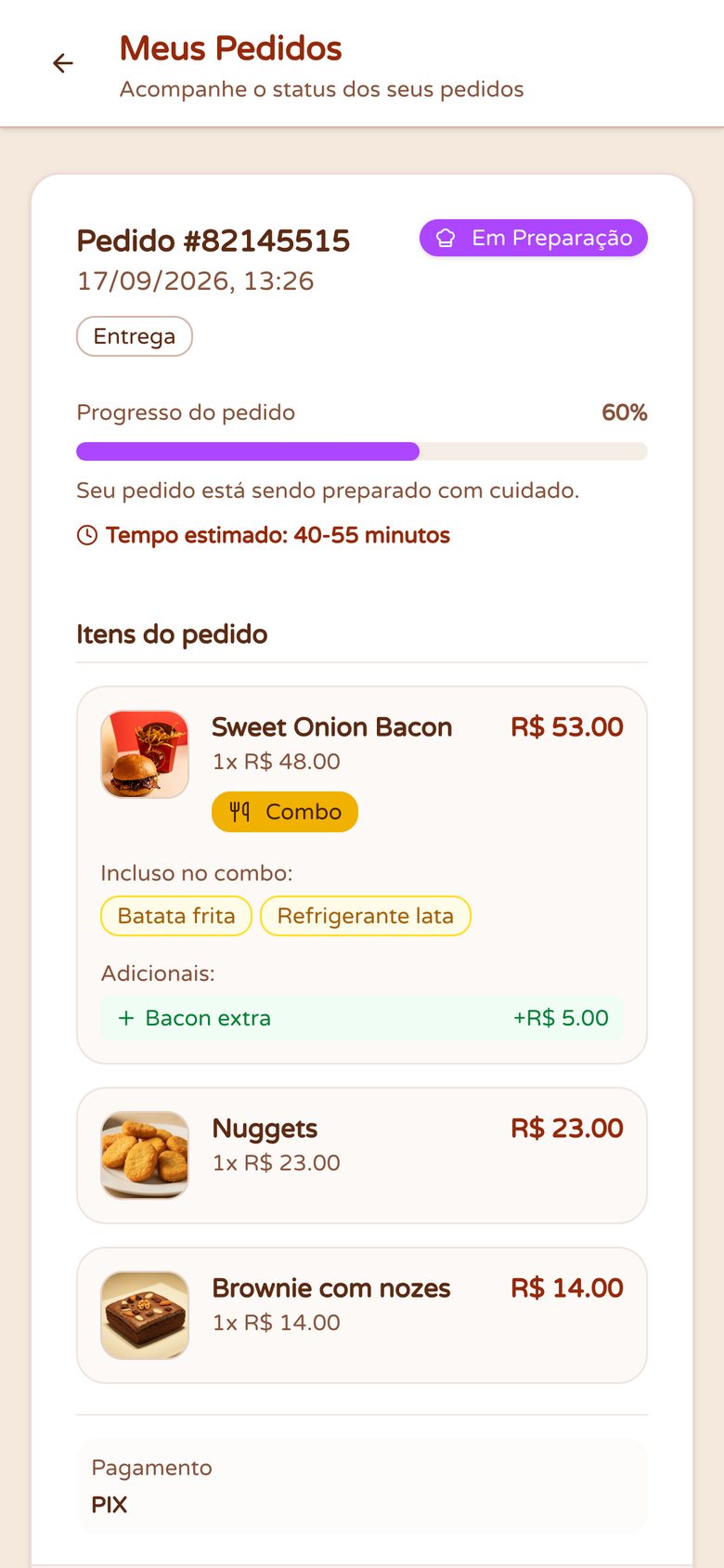 Acompanhamento do pedido no celular com progresso e tempo estimado