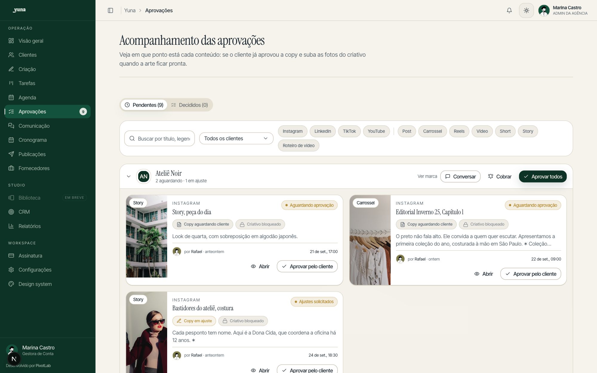 Fila de aprovações da Yuna Platform com pautas de Instagram em etapas diferentes de copy e arte