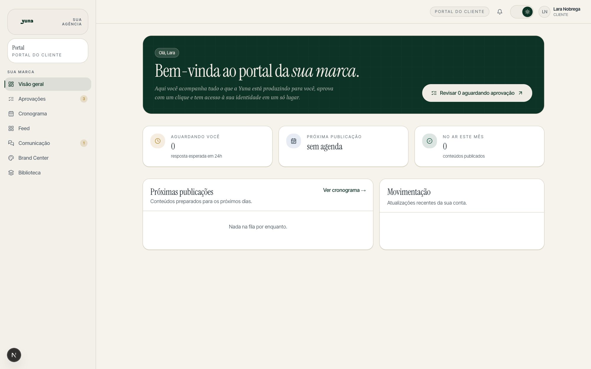Portal do cliente com aprovações pendentes, próximas publicações e movimentação